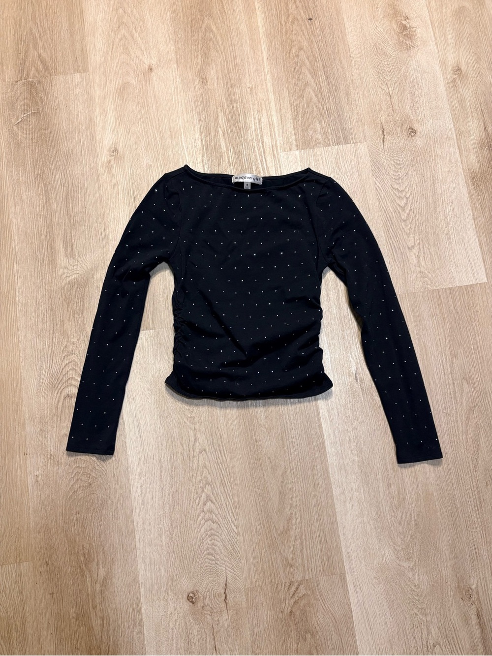 Madden Girl Black Long Sleeve Top Size Small w/ Pearls Fitted Rouching Grunge